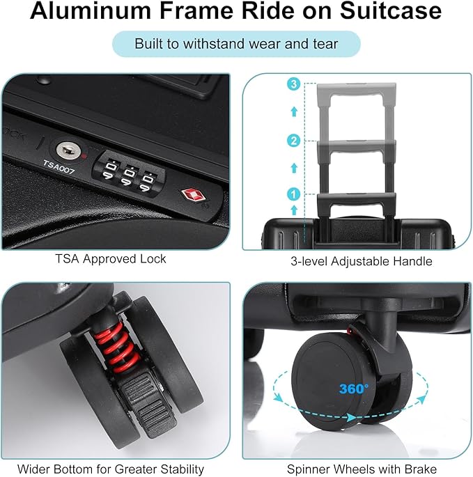 20 Inch Ride on Luggage with Seat for Kids Top Opening Aluminum Frame Suitcase with Spinner Wheels Locks for Travel(Black)