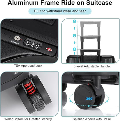 20 Inch Ride on Luggage with Seat for Kids Top Opening Aluminum Frame Suitcase with Spinner Wheels Locks for Travel(Black)