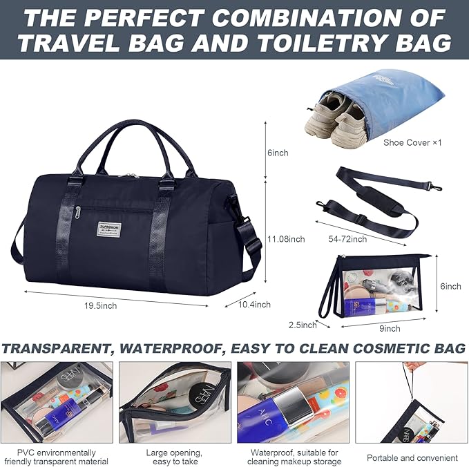 Large Travel Duffel Bag, Sports Tote Gym Yoga Airplane Carry-on With Extra Shoe and Small Clear Makeup Bag, Overnight Crossbody for Men and Women Navyblue