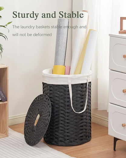 Laundry Hamper with Lid Laundry Basket with Lid 19.0 Gal (72 L) Round Wicker Laundry Basket Handwoven Rattan Basket with Lid Removable Bag 2 Mesh Bags Handles for Living Room Bathroom Black