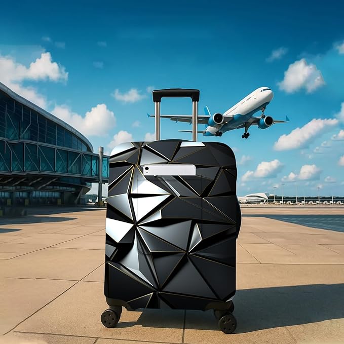 Black Geometry Travel Luggage Cover, Travel-Themed Suitcase Protector Stretchable, Washable Travel Suitcase Cover (M for 22-24 Inch Luggage)