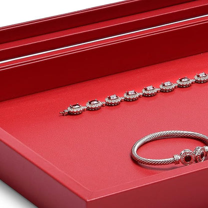 Oirlv Premium Red Leather Jewelry Tray with Acrylic Lid Jewelry Organizer Case Showcase Jewelry Display Organizer Box