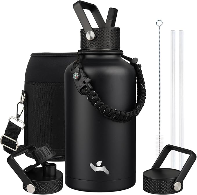 Half Gallon Insulated Water Bottle with Straw,64 oz 3 Lids Water Jug with Carrying Bag,Paracord Handle,Double Wall Vacuum Stainless Steel Metal Flask,Black