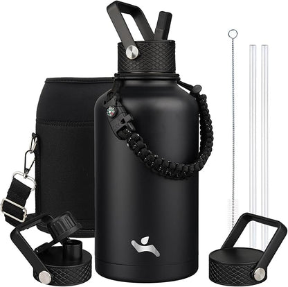 Half Gallon Insulated Water Bottle with Straw,64 oz 3 Lids Water Jug with Carrying Bag,Paracord Handle,Double Wall Vacuum Stainless Steel Metal Flask,Black