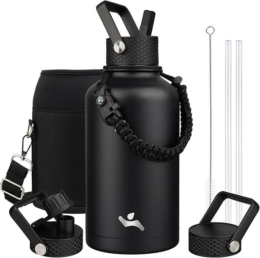 Half Gallon Insulated Water Bottle with Straw,64 oz 3 Lids Water Jug with Carrying Bag,Paracord Handle,Double Wall Vacuum Stainless Steel Metal Flask,Black