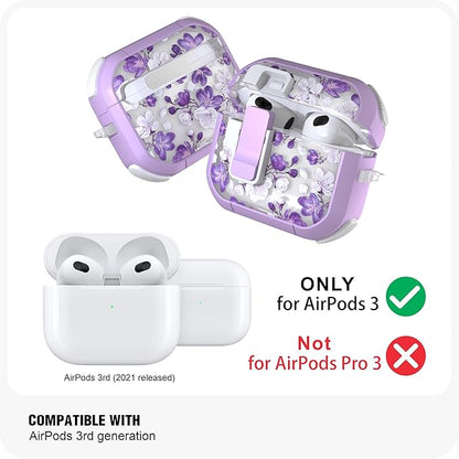 WENEW Case for AirPods 3 Case Cover Secure Lock Automatic Snap Switch Clip Cleaner Kit Lanyard Women Stylish Flower Armour Hard Shell Full Body Front LED Visible (Purple Flower, AirPods 3rd)