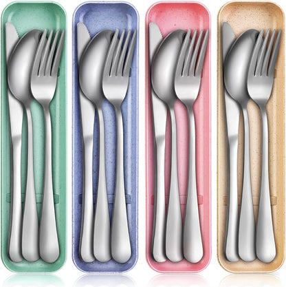 Yinkin 4 Pack Portable Travel Utensils Set with Case Reusable Stainless Steel Silverware Flatware Camping Cutlery Include Fork Spoon Knife for Work School Dishwasher Safe(Blue, Beige, Green, Pink)