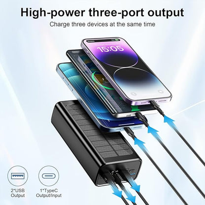 Solar Power Bank, 50000mAh 65W USB C Laptop Portable Charger, Tablet Powerbank, LED Flashlight, Power Bank Fast Charging Battery Pack Compatible with Samsung, iPad, MacBook