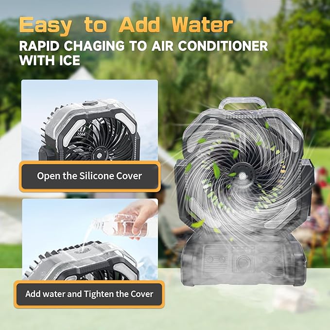 Oscillating Misting Fan Battery Powered- 20000mAh Rechargeable,Blow Cold Air, 3 Spray Modes, LED Lantern, Portable Outdoor Fan for Pet Patio, BBQ, Travel, Gym Black