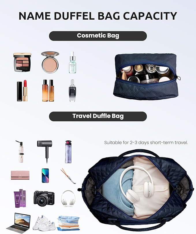 Gifts for Girls - Personalized Initial Duffle Bag with Shoe Compartment, Weekender Travel Bag, Makeup Bag, Navy Blue, 12x7x2 inches