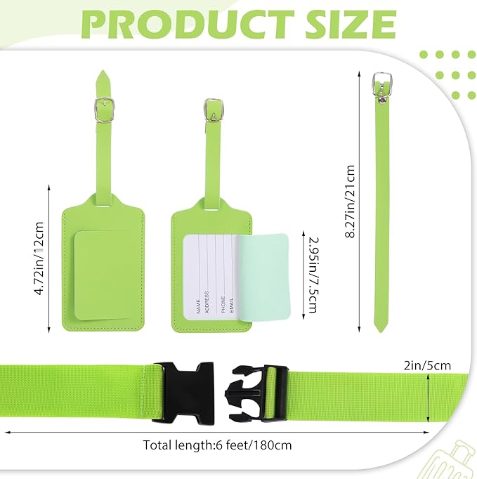 Reginary 8 Pcs Luggage Straps Suitcase Tags Set 4 Travel Adjustable Suitcase Belt 4 PU Leather Luggage Tags ravel Accessories (Green)