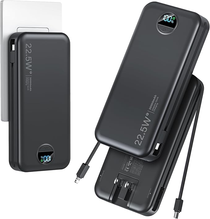 20000mAh Ultra-Portable-Charger-Power-Bank PD20W with Built in Cables&AC Wall Plug,Fast Charging Cell Phone Charger Battery Pack,LED Display Travel Battery Bank for All iPhone,Samsung,Android