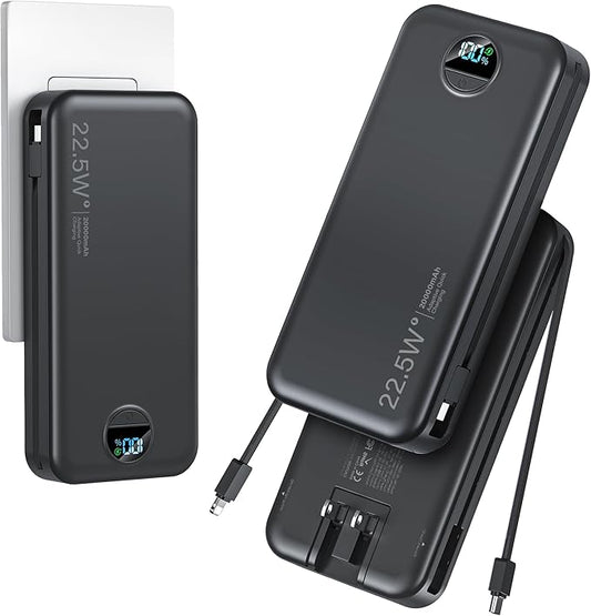 20000mAh Ultra-Portable-Charger-Power-Bank PD20W with Built in Cables&AC Wall Plug,Fast Charging Cell Phone Charger Battery Pack,LED Display Travel Battery Bank for All iPhone,Samsung,Android