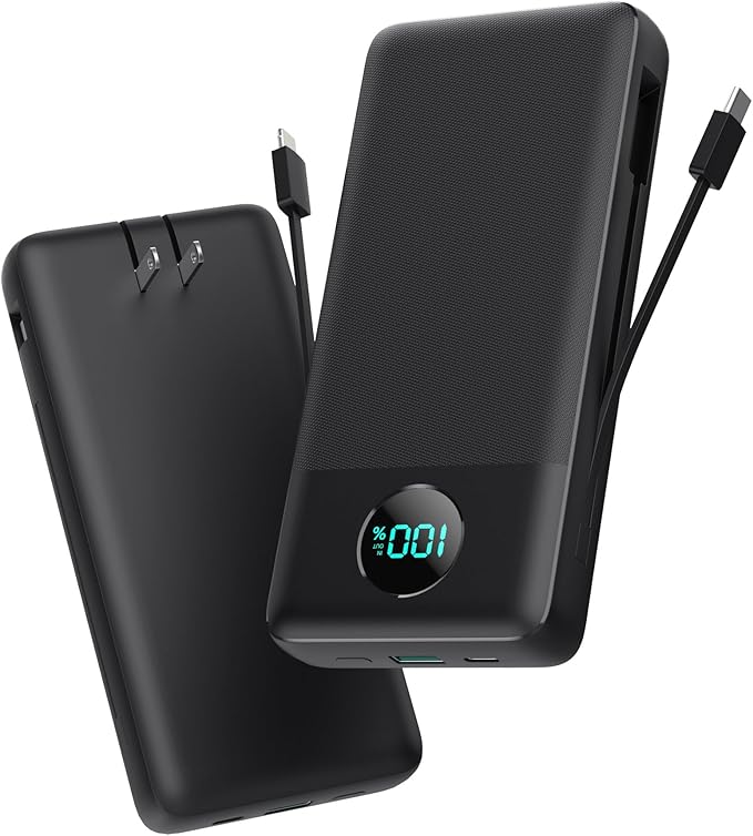 Portable Charger 33800mAh USB C Power Bank with Built-in Cables & AC Wall Plug,25W Fast Charging+QC 4.0 Phone Charger,4 Output Travel Essentials Battery Pack for iPhone16/15/14/13,Samsung,Android etc