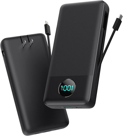 Portable Charger 33800mAh USB C Power Bank with Built-in Cables & AC Wall Plug,25W Fast Charging+QC 4.0 Phone Charger,4 Output Travel Essentials Battery Pack for iPhone16/15/14/13,Samsung,Android etc
