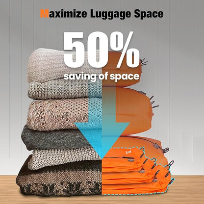 3 Pack Vacuum Bags for Travel with Pump, 3-Size Set Reusable Vacuum Compression Bags for Luggage, Space Saver IP67 Waterproof Vacuum Packing Cubes for Suitcase&Backpack, Orange