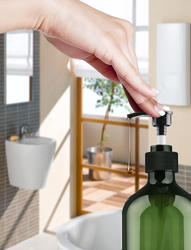 Empty Plastic Bottles with Pump Dispenser and Labels Included, Refillable Travel Containers for Hand sanitizer Shampoo Lotion, etc - No BPA/Parabenf, 500ml/16.9oz (Green, 6 Pack)