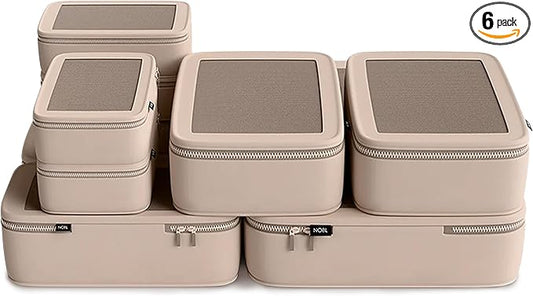 Nobl Travel Compressible Packing Cubes Set, 6 Pieces Travel Packing Organizers, Compression Luggage Cubes for Suitcases & Carry On, Space Saving (XXS, XS, S, M, L, XL) - Sand