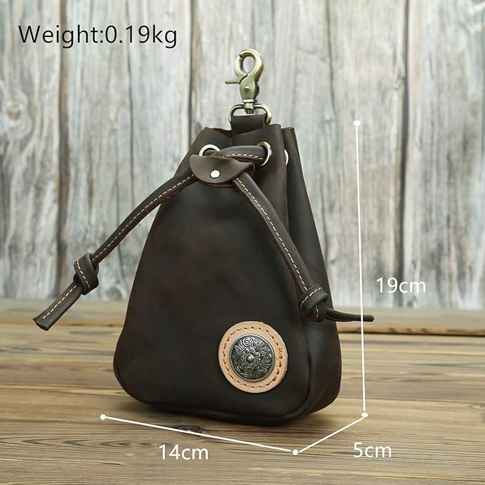 Retro Drawstring Genuine Leather Waist Bag for Men Motorcycle Sports Pack with Phone Pocket Adjustable Belt Gifts for Men (Dark Brown)