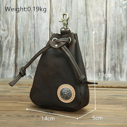 Retro Drawstring Genuine Leather Waist Bag for Men Motorcycle Sports Pack with Phone Pocket Adjustable Belt Gifts for Men (Dark Brown)
