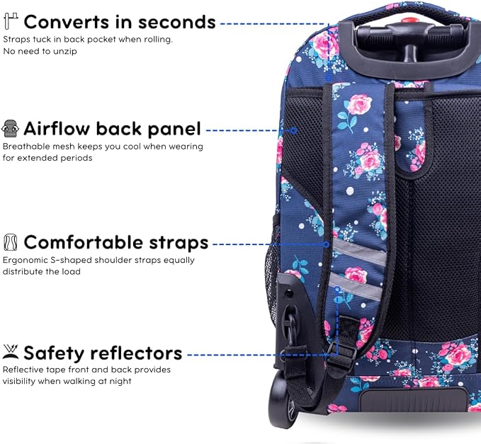 J World Sundance Laptop Rolling Backpack for Girls Boys. Roller Bookbag with Wheels, Navy Rose