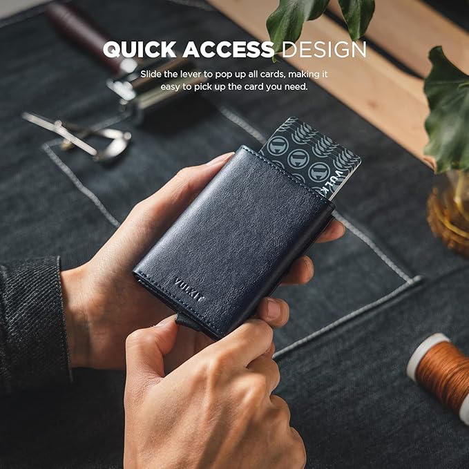 VULKIT Pop up Card Wallet Minimalist Cash Wallets RFID Blocking Leather Smart Credit Card Holder with ID window for Men(Navy)