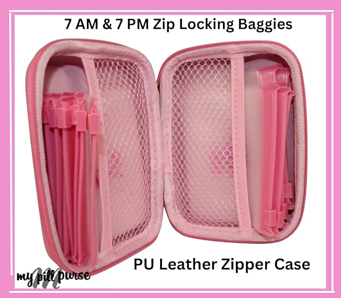Pink Day and Night Pill Wallet w/Zipper, PU Leather Pill Case 5.5 X 4 x1.75 Inch, Includes14 AM PM Pill Organizer 7 Day Small Pill Bags of 3x4 Inch, Pill Pouches for Medicine or Supplements