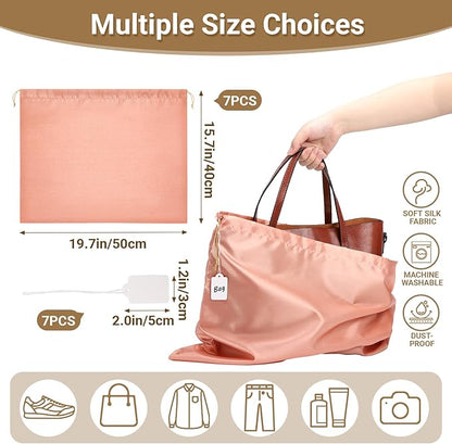 Ewen 7 Pack of Pink Orange Dust Bags for Handbags, 19.6x15.7in Dustproof Satin Purse Bags with Drawstring for Travel, Covers for Shoes and Boots, Silk Bags for Storage, Dust Cover Bag for Garment