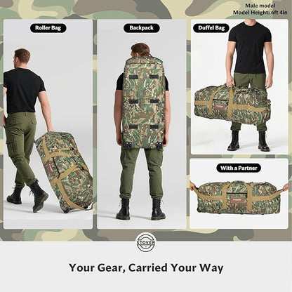 STOVER 100L Rolling Duffel Bag with Wheels, X-Large Durable Travel Duffle + Toiletry Bag, Heavy Duty, Packable with Shoulder Straps- Use as Luggage or Backpack (Camouflage)