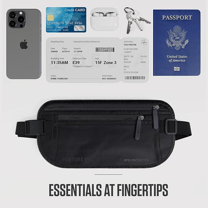 Travel Money Belt, RFID Blocking for Men & Women - Ideal for Keeping Your Cash, Credit Card, Passport, Phone Safe When Traveling (Sleek Black)