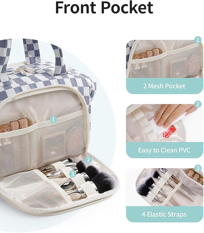 Narwey Travel Toiletry Bag, Wide-open Large Toiletry Bags for Traveling Women, Checkered Travel Bag for Toiletries Cosmetic Makeup Bag Organizer, Skincare Make Up Bag (Greyish Blue Checkerboard)