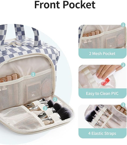Narwey Travel Toiletry Bag, Wide-open Large Toiletry Bags for Traveling Women, Checkered Travel Bag for Toiletries Cosmetic Makeup Bag Organizer, Skincare Make Up Bag (Greyish Blue Checkerboard)