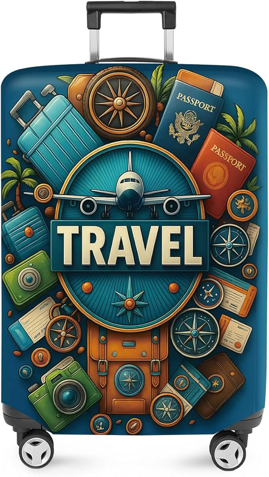 ANNA QUEEN Travel Around the World Luggage Cover, Colorful Landmark Suitcase Protector with Airplane & Globe Design, Stretchable, Washable Travel Sleeve for 20-34 Inch Luggage