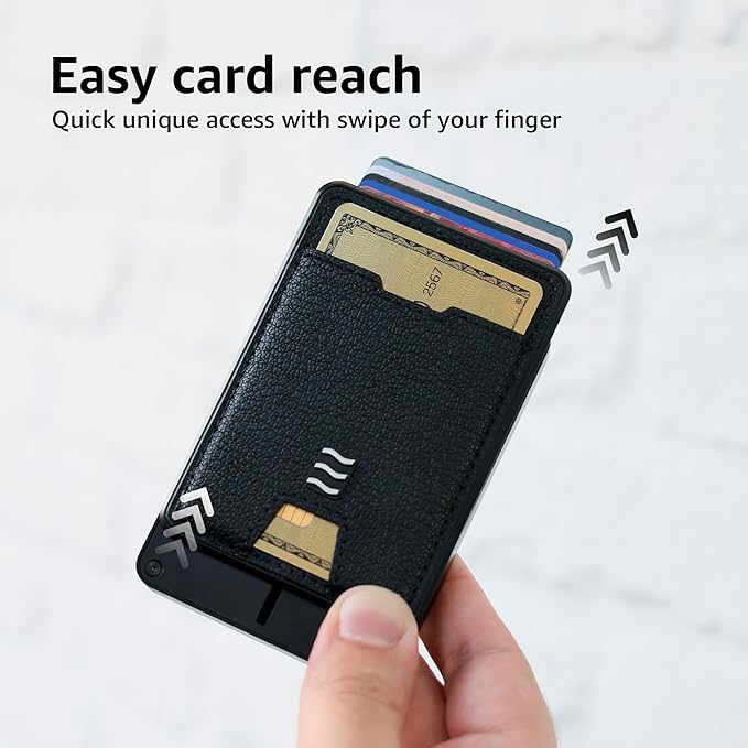 RFID Blocking Wallet, Minimalist Card Holder with Quick Access, Holds 1 to 12 Cards & Cash, Vegan Leather & Brushed Aluminum, Gift-Ready Packaging (Black)