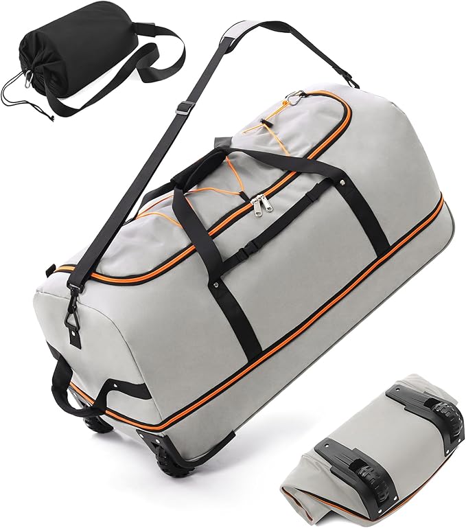 32" Soft-Sided Foldable Wheeled Travel Duffel Bag,Expandable 110L to 140L Rolling Cargo Bag with 2 Wheels and Multiple Pockets (001-Gray)