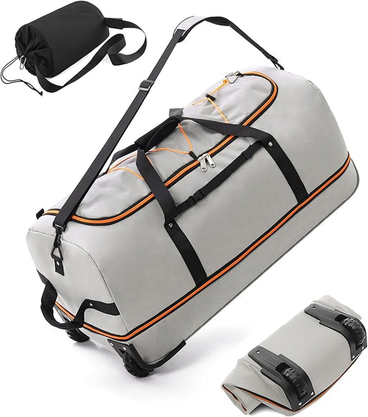 32" Soft-Sided Foldable Wheeled Travel Duffel Bag,Expandable 110L to 140L Rolling Cargo Bag with 2 Wheels and Multiple Pockets (001-Gray)