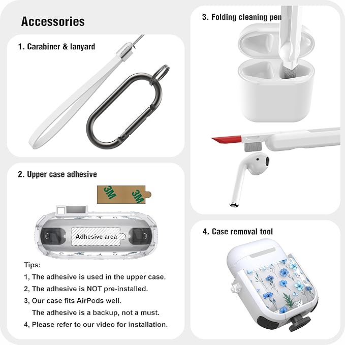 WENEW Case for AirPods 1 & 2 Case Cover Secure Lock Automatic Snap Switch Clip Cleaner Kit Lanyard Women Stylish Flower Armour Hard Shell Full Body (Blue, AirPods 1st & 2nd)