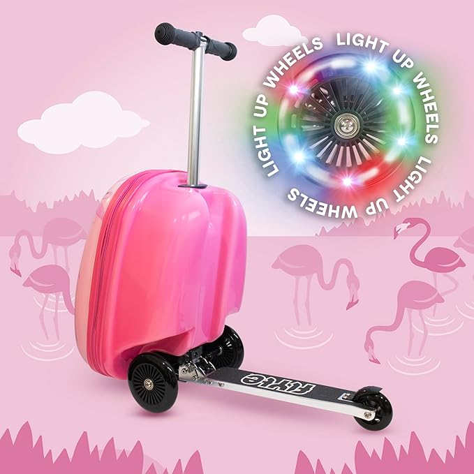 Flyte Fifi the Flamingo Scooter Suitcase - 2-in-1, 18 inch Ride on Suitcase for Kids, 25 Litre Capacity Kids' Luggage on Wheels for Boys and Girls Aged 4+, Rideable Carry on Children's Suitcases