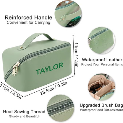 Personalized Travel Makeup Bag, Customized Large Capacity Cosmetic Bag with Printed Name Initials, PU Leather Toiletry Bag for Women, Wide Open Portable Pouch with Divider and Handle, Mothers Day Gift