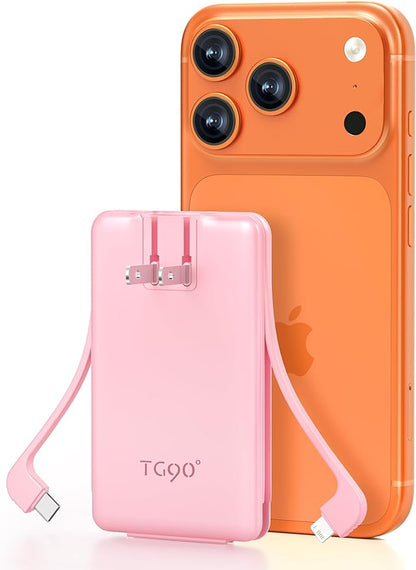 TG90° 5000mAh Portable Charger Built-in AC Wall Plug and Cables, Slim Fast Charging Power Bank, Pocket Size USB C External Battery Pack Compatible with iPhone 17 16 15 14 13 12 Samsung Google iPad