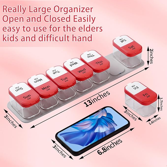 Daviky Extra Large Pill Organizer 2 Times a Day, Am Pm Pill Organizer 7 Day, Pill Box 7 Day to Hold Daily Medicine Vitamin and Supplements for Elders, Arthrtic Patients and Kids (Red)