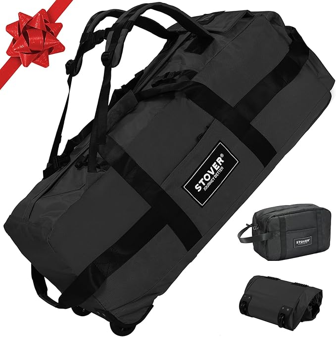 STOVER 80L Rolling Duffel Bag with Wheels, Large 31 Inch Durable Travel Duffle + Toiletry Bag, Heavy Duty, Packable, Foldable w/Shoulder Straps- Use as Luggage or Backpack, Men/Women (Black)