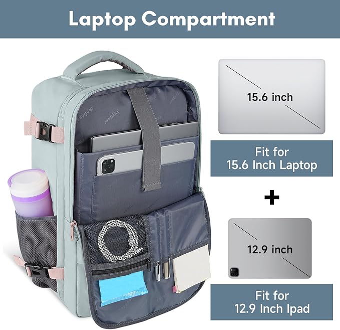 Taygeer Personal Item Backpack for Men Women, Travel Backpack Carry on Luggage Flight Approved with USB Charging Port & Shoe Pouch, Large Weekender Work Bag for Hiking Gift, Gray Powder