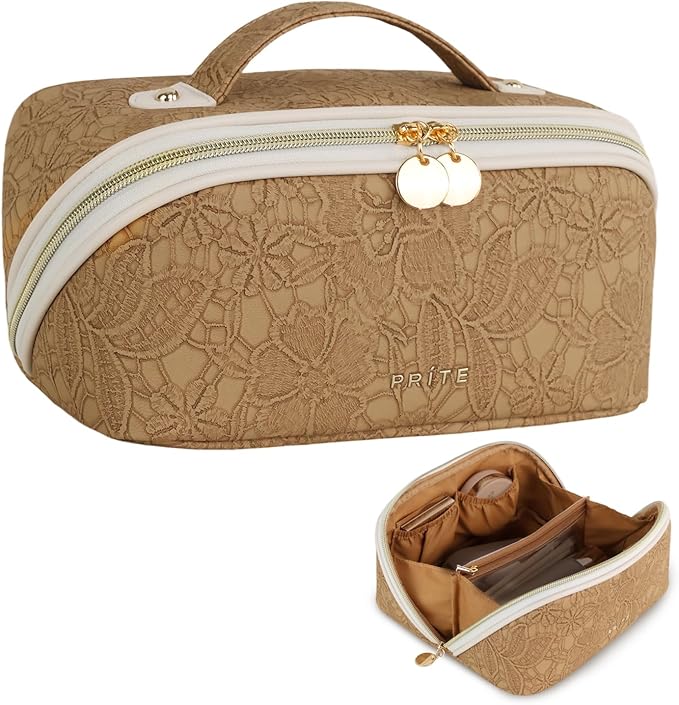 Prite Travel Cosmetic Bag Makeup Organizer Bag For Women Large Capacity Waterproof PU Leather Toiletry Bag with Handle and Clear Divider(Brown Flower)