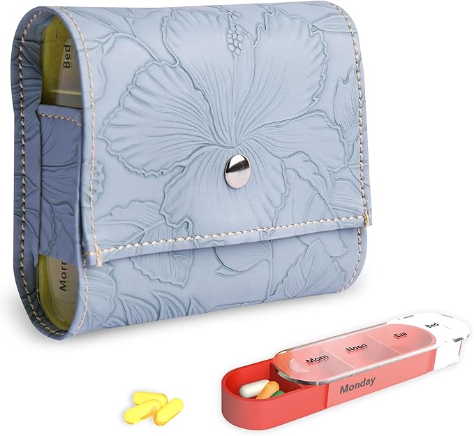 Pill Organizer,LIZIMANDU Weekly Travel Pill Case Box Medication Reminder Daily AM PM, Day Night 7 Compartments,for 4 Times A Day, 7 Days a Week-Includes Leather PU Carrying Case(1-Carved Blue4)