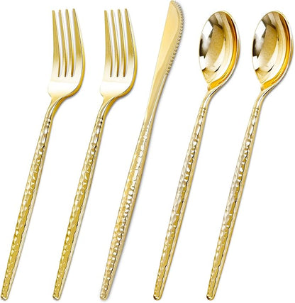 Rubtlamp 180 Pcs Gold Plastic Silverware - Disposable Plastic Utensils - Hammered Plastic Forks And Spoons - Gold Plastic Cutlery Set Include 60 Forks, 60 Knives And 60 Spoons for Party