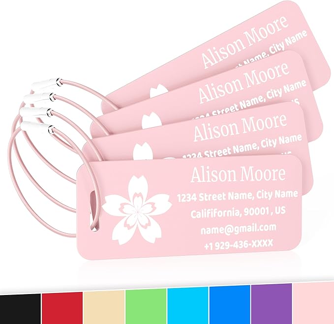 4 PCS Personalized Luggage Tags for Suitcases, Custom Aluminum Luggage Tags for Bags and Backpacks, Waterproof & Heavy Duty Personalized Metal Name Tags for Travel (Pink)