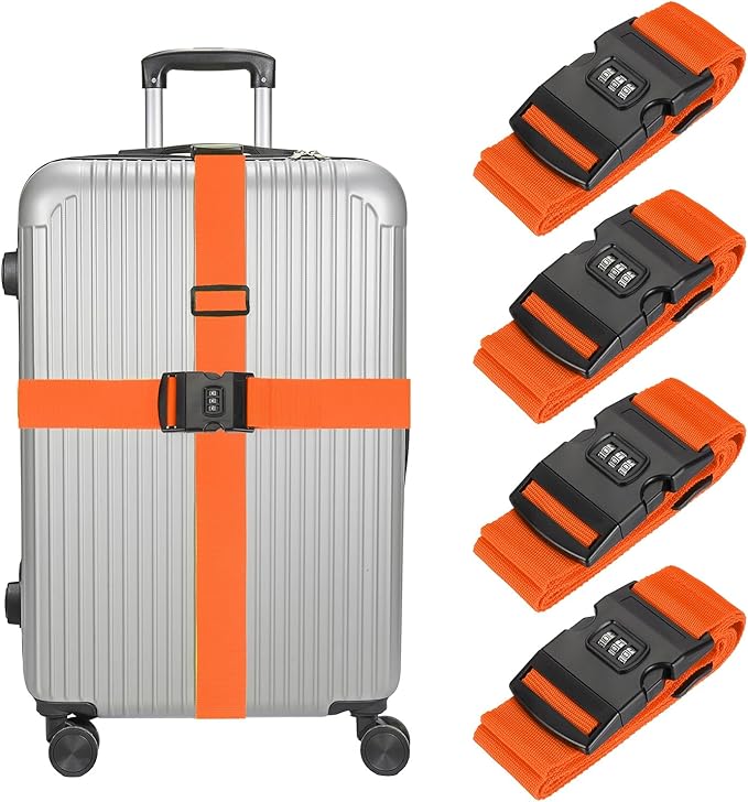 MECCANIXITY Luggage Straps with Combination Lock Adjustable Suitcase Belt Strap for Suitcase Briefcase Backpack Travel, Orange-Red, Pack of 4