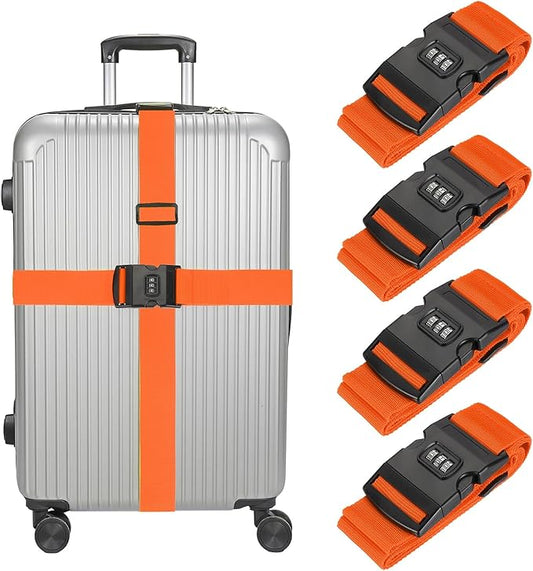 MECCANIXITY Luggage Straps with Combination Lock Adjustable Suitcase Belt Strap for Suitcase Briefcase Backpack Travel, Orange-Red, Pack of 4