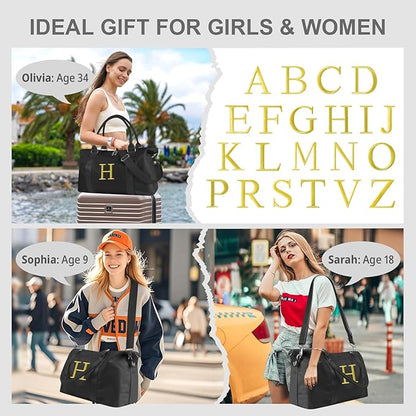 Personalized Initial Gym Dance Bag, Travel Duffel Bag for Teen Girls, Carry On Bag Overnight Weekender Bag with Trolley Sleeve, Birthday Gifts for Women Mom Daughter Graduation Gift(Letter H, Black)
